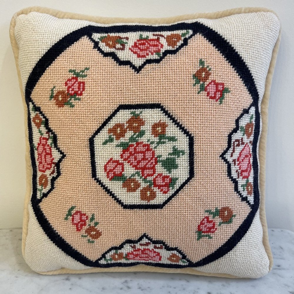 Hand Needle Point Pillow Classical Design 10 1/2 x 10 1/2 Inch Square
